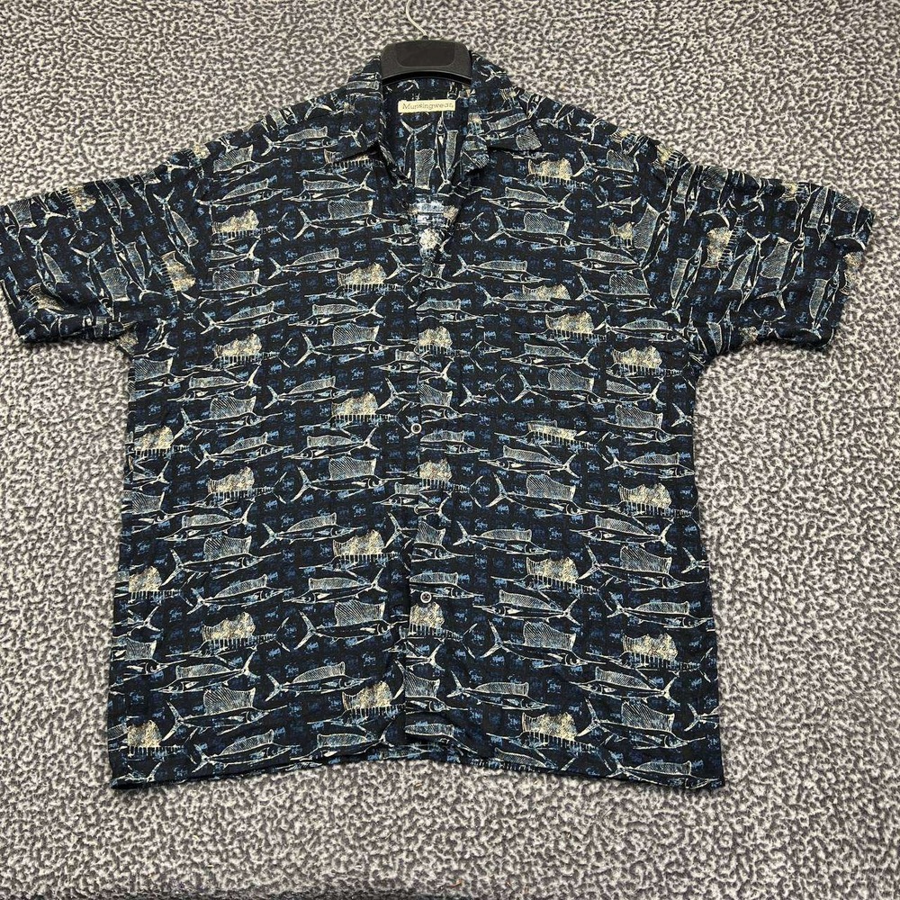 Munsingwear Shirt Men Large Black Hawaiian Fish Button Up Short Sleeve Pocket L‎
